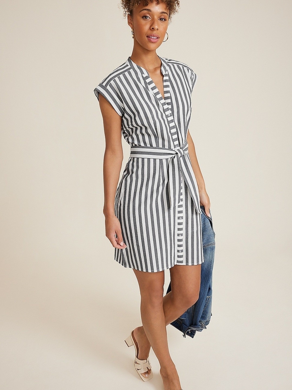 Maurices Grey and White Vertical Stripe Tie-Waist Mini Dress